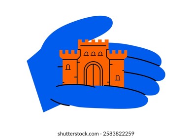 Hand drawn cute cartoon illustration of medieval castle on hand palm. Flat vector protection building in arm sticker doodle. Safety fortress tower icon. Sand castle. Security system. Isolated.