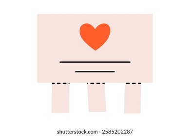 Hand drawn cute cartoon illustration of tear-off flyer with heart. Flat vector searching for love in doodle style. Find perfect match icon. Advertisement message print. Romantic paper banner. Isolated