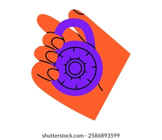 Hand drawn cute cartoon illustration of hand with combination lock. Flat vector protection tool in human arm sticker doodle. Safety code number icon. Reliability and trust. Security system. Isolated.