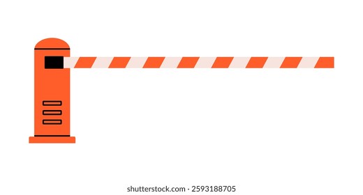 Hand drawn cute cartoon illustration of boom barrier. Flat vector road warning or caution sign colored doodle style. Traffic or parking control gate. Attention striped barricade icon. Isolated.