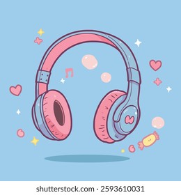 Hand drawn cute cartoon illustration of wireless headphones. Flat vector headset sticker in simple colored doodle style. Music device icon or print.