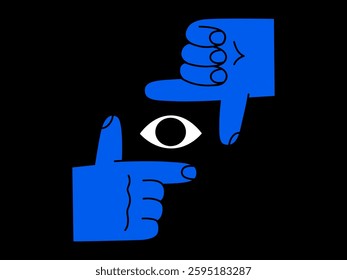 Hand drawn cute cartoon illustration of human hand frame sign with eye. Make a picture arm gesture. Flat vector photography symbol doodle. Creative vision. Searching or watching sticker. Isolated.