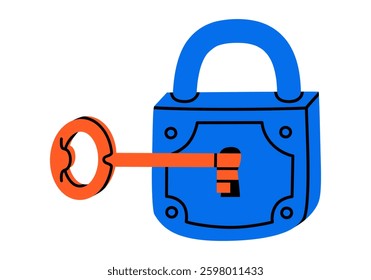 Hand drawn cute cartoon illustration of closed lock and key in keyhole. Flat vector protection tool sticker doodle. Opening or closing lock icon or print. Access to account. Security system. Isolated.