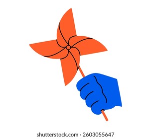 Hand drawn cute cartoon illustration hand holding paper pinwheel. Flat vector kids toy in human arm doodle. Rotation propeller game. Windmill craft origami icon. Vacation or leisure sticker. Isolated.
