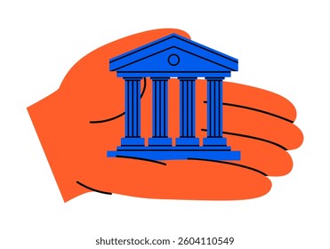 Hand drawn cute cartoon illustration hand holding courthouse. Flat vector court building in arm doodle. Facade with column icon or print. Justice and law. Control. Government legislation. Isolated.