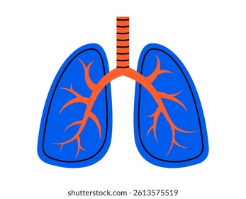 Hand drawn cute cartoon illustration of lungs. Flat vector respiratory internal organ doodle. Pulmonary system. Health care or anatomy sticker, icon. Hospital examination or diagnostic. Isolated.