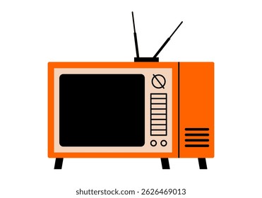 Mão desenhado ilustração de desenho animado bonito da televisão retro. Vetor plano velho doodle adesivo de TV caseira. Entretenimento analógico. Dispositivo de transmissão vintage notícias ou filmes com ícone de antena. Isolado.