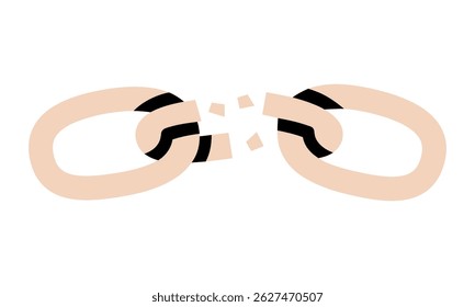 Hand drawn cute cartoon illustration of broken chain. Flat vector weak link doodle style. Slavery or habit escape icon or print. Network disconnection sticker. Break free sign. Isolated.