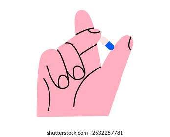 Mão desenhada ilustração de desenho animado bonito de mão segurando pílula. Tratamento de medicina de vetor plano em rabiscar de braço. Adesivo da cápsula de cuidados de saúde, ícone. Receita médica. Ajuda ou suporte da farmácia. Isolado.