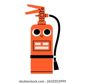 Hand drawn cute cartoon illustration fire extinguisher character. Fire emergency equipment mascot. Flat vector firefighter protection with funny face doodle. Solution to urgent problem icon. Isolated.