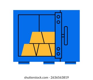 Hand drawn cute cartoon illustration of open safe. Flat vector strongbox with gold bars sticker doodle. Treasure box icon. Money protection. Bank deposit or savings. Security system. Isolated.