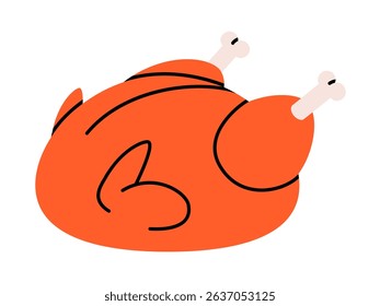 Hand drawn cute cartoon illustration of roasted chicken. Flat vector restaurant meal doodle. Grilled poultry. Healthy eating sticker, icon. Thanksgiving menu. Barbecue cooking. Isolated.