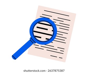 Hand drawn cute cartoon illustration of magnifying glass with text document. Flat vector optical tool sticker. Information research icon. Searching for answer. Database analysis. Isolated. - Powered by Shutterstock - Get 15% off with code: PIKWIZARD15