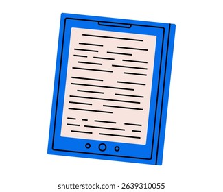 Hand drawn cute cartoon illustration of electronic book reader. Flat vector education or study device doodle. Online library icon. Ebook tablet or phone app. Page with text on screen. Isolated.