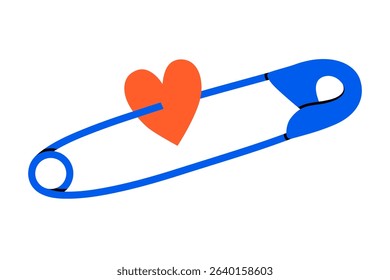 Hand drawn cute cartoon illustration safety pin with pierced heart. Flat vector sewing clip with needle doodle. Falling in love. Romantic feelings icon or sticker. Abusive relationships sign. Isolated