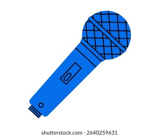 Hand drawn cute cartoon illustration of microphone. Flat vector sound recording  sticker doodle. Speech audio device icon or print. Podcast or interview studio equipment. Isolated.