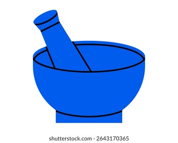 Hand drawn cute cartoon illustration of mortar and pestle. Flat vector medicinal grinding tool doodle. Kitchen utensil. Health care natural treatment sticker, icon. Alternative medicine. Isolated.