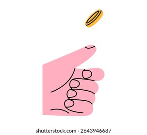 Hand drawn cute cartoon illustration of hand throwing coin. Flat vector lucky sign with arm doodle. Make a wish. Decision or choice icon or sticker. Superstition symbol. Head or tail. Isolated.