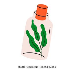 Mão desenhada ilustração de desenho animado bonito de garrafa com planta. Doodle de terapia de vetor plano herbal. cosméticos naturais. Etiqueta de tratamento de naturopatia para cuidados de saúde, ícone. Medicina alternativa. Isolado.