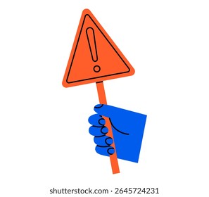 Hand drawn cute cartoon illustration of hand holding triangle warning sign. Flat vector road caution or stop symbol with exclamation mark in arm doodle. Under construction. Attention icon. Isolated.