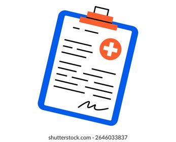 Mão desenhada ilustração de desenho animado bonito de prancheta com prescrição médica. Vetor plano relatório clínica doodle. Adesivo do documento de saúde, ícone. Informações do paciente. Diagnóstico ou recibo. Isolado.