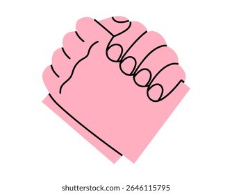 Hand drawn cute cartoon illustration of handshake. Flat vector teamwork partnership sticker doodle. Cooperation arm sign. Agreement hand gesture icon or print. Friendly holding hands. Isolated.