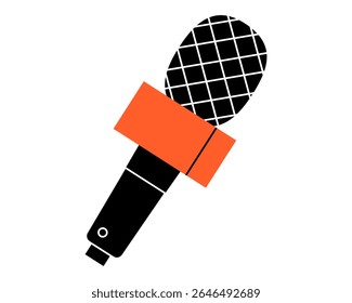 Hand drawn cute cartoon illustration of interview microphone. Flat vector sound recording sticker doodle. Speech audio device icon or print. Podcast or talk show studio equipment. Isolated.