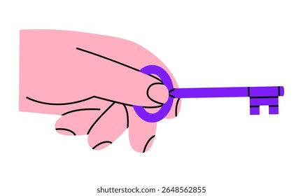 Hand drawn cute cartoon illustration hand holding key. Flat vector real estate sticker doodle. Protection or access icon. Mortgage loan. Housing for rent. Arm open the door. Isolated.