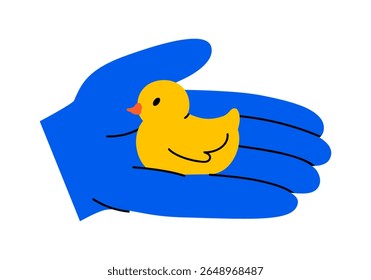 Hand drawn cute cartoon illustration of hand holding yellow rubber duck character. Flat vector bathroom toy bird in arm doodle. Float animal mascot icon or print. Beach or pool holiday sign. Isolated.