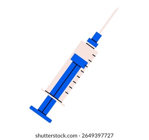 Desenhado à mão ilustração de desenho animado bonito de seringa de plástico. Ferramenta médica de injeção de vetor plano rabiscar. Adesivo de tratamento de saúde, ícone. Vacinação hospitalar ou administração de medicamentos. Isolado.