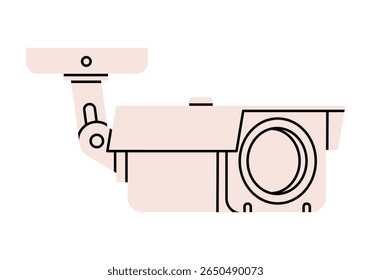 Desenhado à mão ilustração de desenho animado bonito da câmera de segurança. Vetor plano exterior óptico cctv adesivo doodle. Ícone do sistema de vigilância por vídeo. Câmera de espionagem ou de rastreamento. Conceito de diretor ou guarda. Isolado.