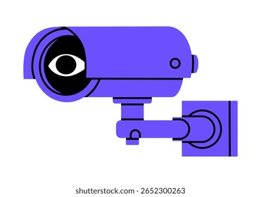 Hand drawn cute cartoon illustration of security camera with eye. Flat vector outdoor optical cctv sticker doodle. Video surveillance system icon. Spy or track cam. Maintaining law and order. Isolated