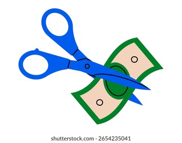 Hand drawn cute cartoon illustration of scissors cut currency money. Flat vector price reduction doodle. Budget deficit sign icon or sticker. Debt or credit symbol. Financial crisis. Isolated.