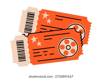 Hand drawn cute cartoon illustration of two cinema tickets. Flat vector movie theater or festival pass doodle. Entertainment industry sticker, icon. Date for couple. Leisure party pass. Isolated.