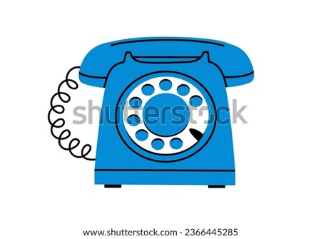 Hand drawn cute cartoon illustration of blue retro wired phone. Flat vector old telephone with dial sticker in simple colored doodle style. Call device icon or print. Isolated on white background.