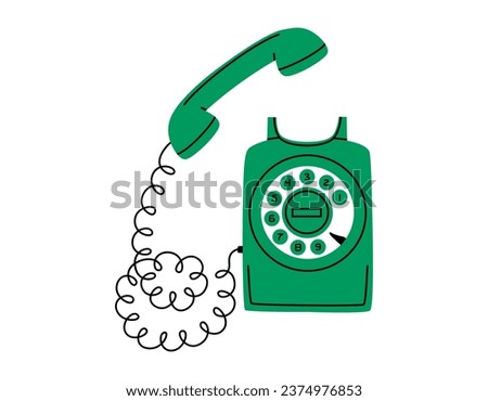 Hand drawn cute cartoon illustration wall wired phone. Flat vector old telephone, landline sticker in colored doodle style. Make a call. Pick up the phone icon or print. Isolated on white background.