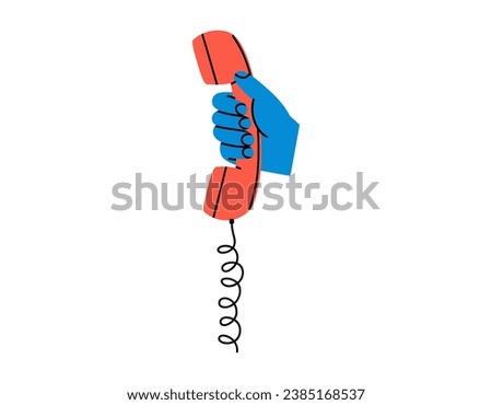 Hand drawn cute cartoon illustration of hand with retro telephone receiver. Flat vector old phone handset sticker in simple colored doodle style. Making a call icon or print. Isolated.