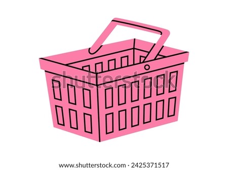 Hand drawn cute cartoon illustration of empty shopping basket. Flat vector store purchase container sticker in colored doodle style. Grocery market or e-commerce icon or print. Isolated.