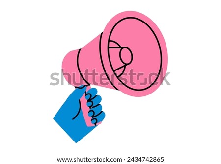 Hand drawn cute cartoon illustration hand with megaphone or loudspeaker. Flat vector promotion, advertisement sticker in doodle style. News alert icon. Communication speaker. Social protest. Isolated.