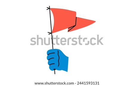Hand drawn cute cartoon illustration of hand with red flag. Flat vector achievement or victory sticker in colored doodle style. Challenge success icon. Protest, danger, aggression sign. Isolated.