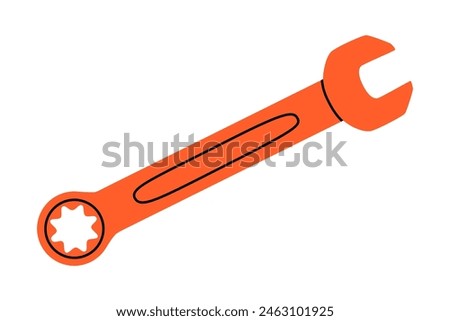 Hand drawn cute cartoon illustration of ratcheting wrench or spanner instrument. Flat vector repair tool in colored doodle style. Support service hardware icon. Settings or fix problem. Isolated.