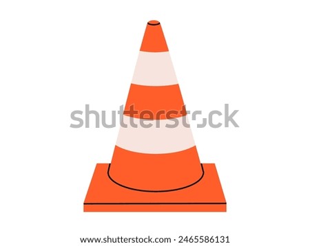 Hand drawn cute cartoon illustration of traffic cone. Flat vector road warning or caution sign in colored doodle style. Attention striped barrier icon. Stop signal. Settings or fix problem. Isolated.