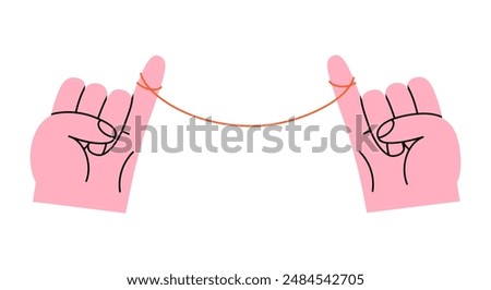 Hand drawn cute cartoon illustration two hands with red thread. Flat vector rope tied on little finger doodle style. Connection or family ties icon. Love romantic couple print. Forever bond. Isolated