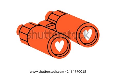 Hand drawn cute cartoon illustration of binoculars with heart on lens. Flat vector searching for love in doodle style. Find perfect match icon. Dating online app print. Romantic feelings. Isolated.