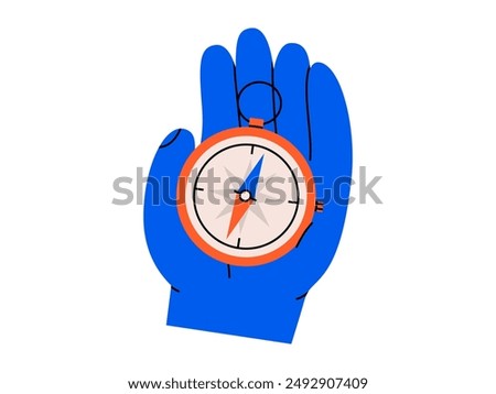 Hand drawn cute cartoon illustration hand with compass. Flat vector doodle direction choice. Business planning icon. Navigation guide. Strategy solution. Way decision. Searching opportunity. Isolated.