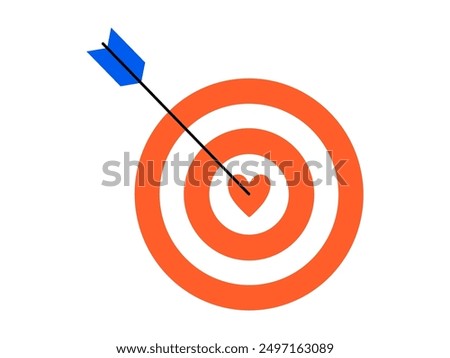 Hand drawn cute cartoon illustration arrow hit center of target with heart. Flat vector mutual feelings in doodle style. Find perfect match icon. Dating online app print. Romantic love. Isolated.