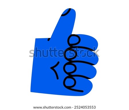 Hand drawn cute cartoon illustration of hand with like gesture. Flat vector thumbs up arm sign doodle. Good or approval message. Social media agree emoji icon or sticker. Positive symbol. Isolated.
