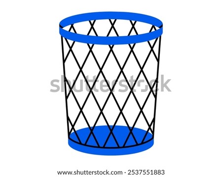 Hand drawn cute cartoon illustration of mesh trash bin. Flat vector metal garbage basket for paper. Environmental pollution design in doodle style. Ecology sticker, icon. Waste sorting. Isolated.