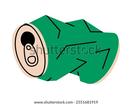 Hand drawn cute cartoon illustration of crumpled soda can. Flat vector recycling metal trash or environmental pollution doodle style. Crushed beverage tin sticker or icon. Waste sorting. Isolated.