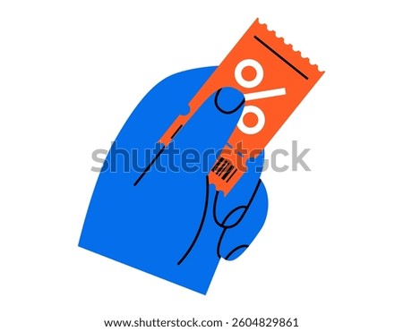 Hand drawn cute cartoon illustration of hand holding promotion coupon. Flat vector gift ticket in arm doodle. Voucher with percent sign icon. Discount promo code. Marketing advertising. Isolated.